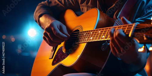 A Closeup Photograph of a Man Playing an Acoustic Guitar on Stage