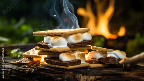 close up of smores - cracker, marshmallow, chocolate on fire