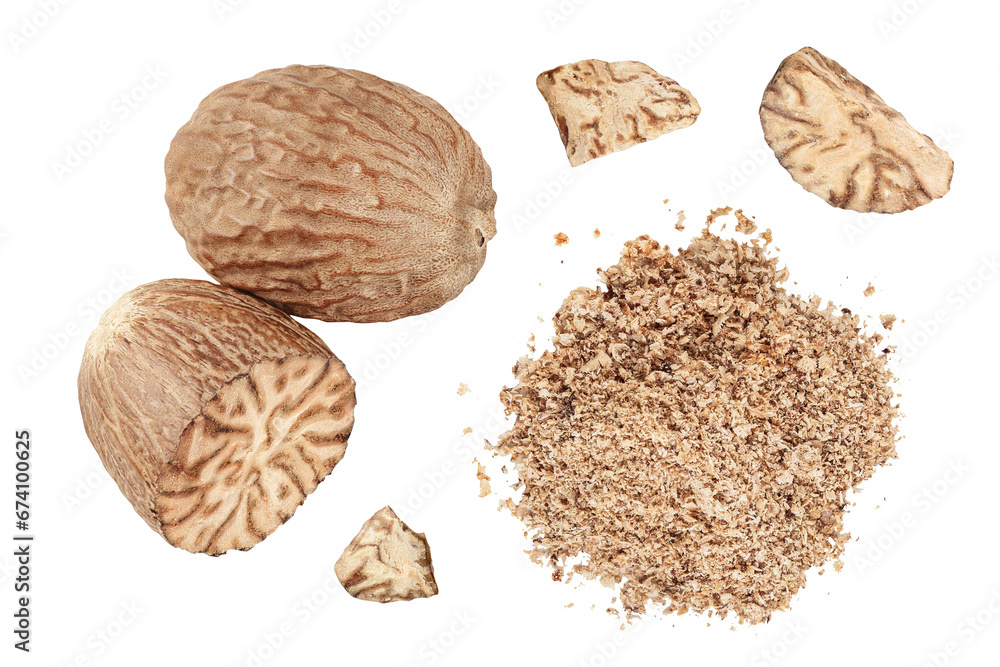 Whole and grated nutmeg isolated on white background with full depth of field. Top view. Flat lay Whole and grated nutmeg isolated on white background with full depth of field. Top view. Flat lay