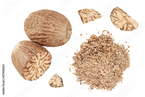 Whole and grated nutmeg isolated on white background with full depth of field. Top view. Flat lay