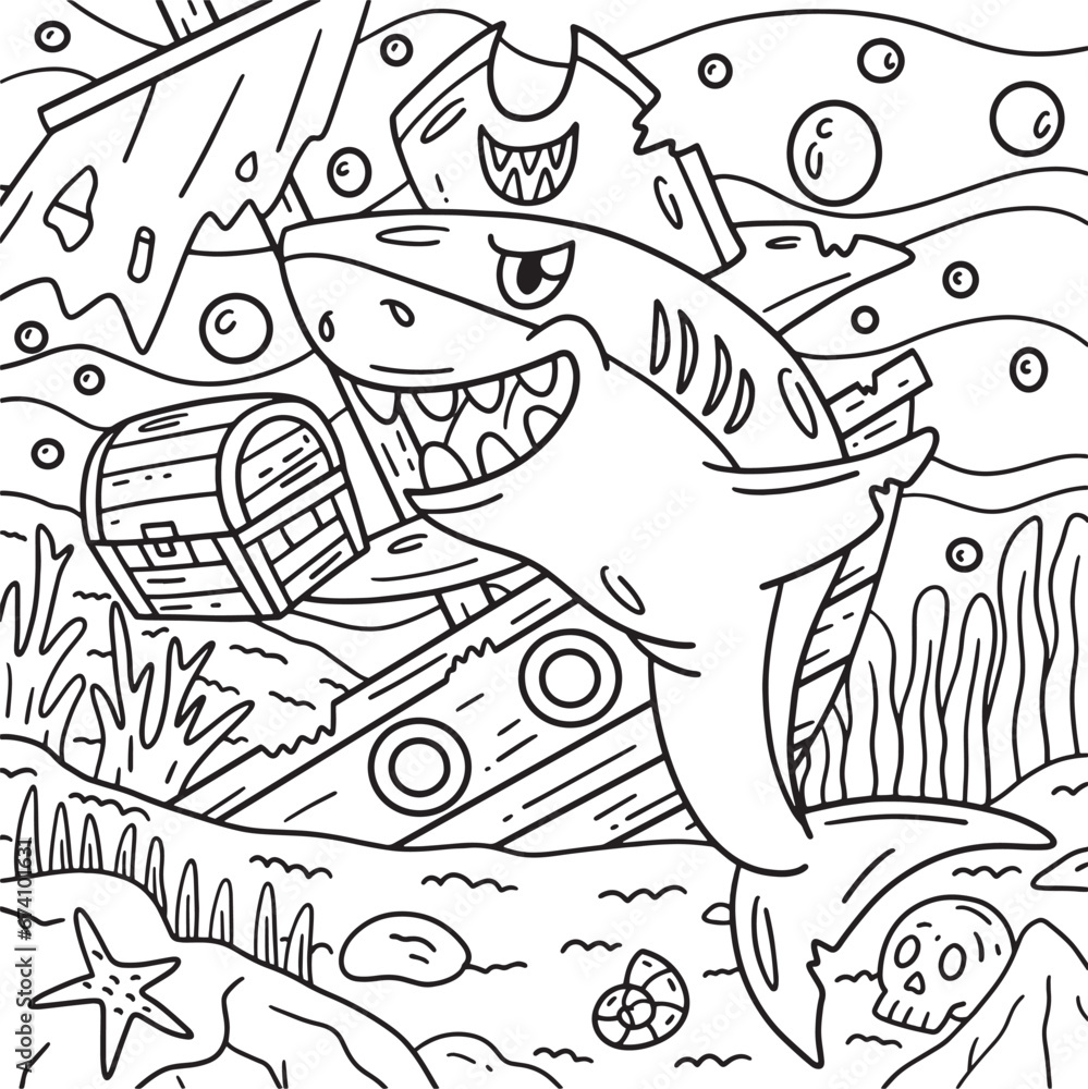 Pirate Shark with a Treasure Chest Coloring Page 