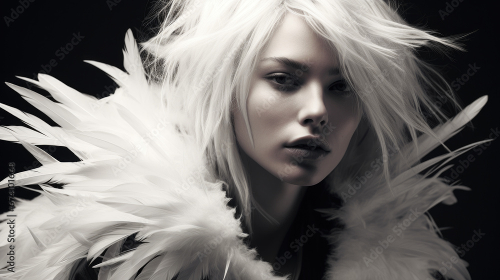 Fashion portrait of a young beautiful extreme blonde with a fashionable hairstyle wearing feather clothes. Fashion and beauty. Fashion portrait of a young beautiful extreme blonde with a fashionable hairstyle wearing feather clothes. Fashion and beauty.