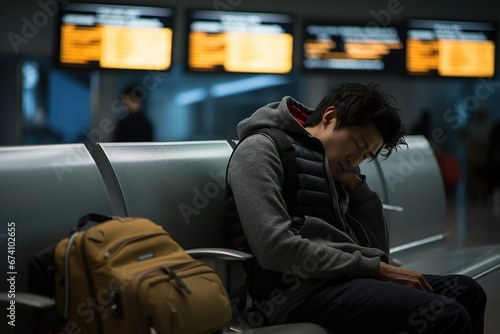 A young Asian guy fell asleep in the waiting room on a bench at the train station