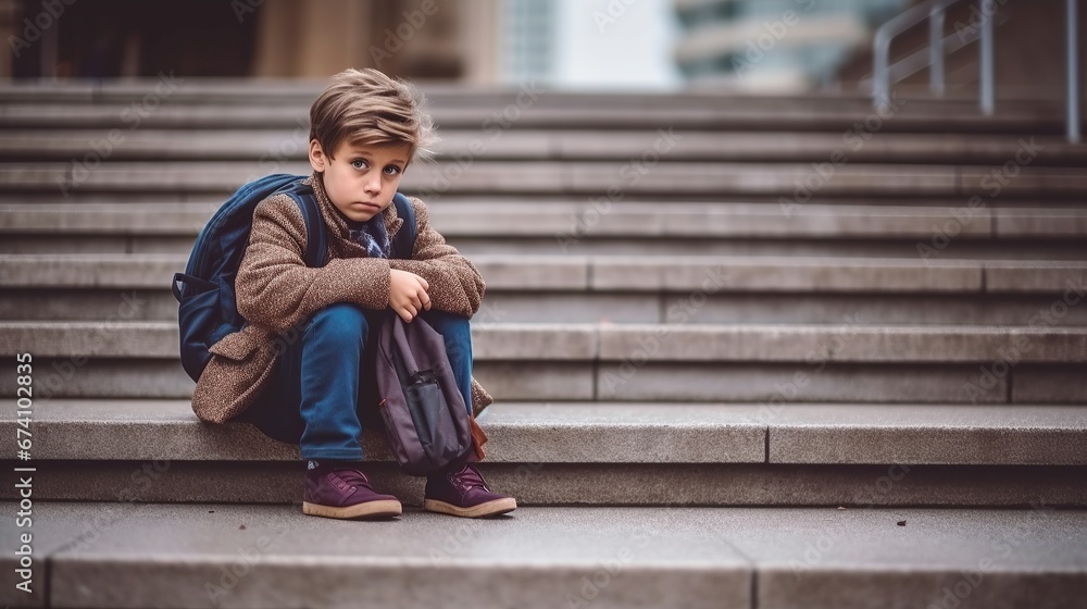 Young boy sitting alone with a sad expression sitting on the steps outside the school, depicting childhood loneliness and emotional stress Young boy sitting alone with a sad expression sitting on the steps outside the school, depicting childhood loneliness and emotional stress