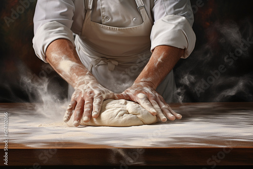 Baker kneading dough on wooden table. Male hands making bread on dark background. Bakery Concept. photo