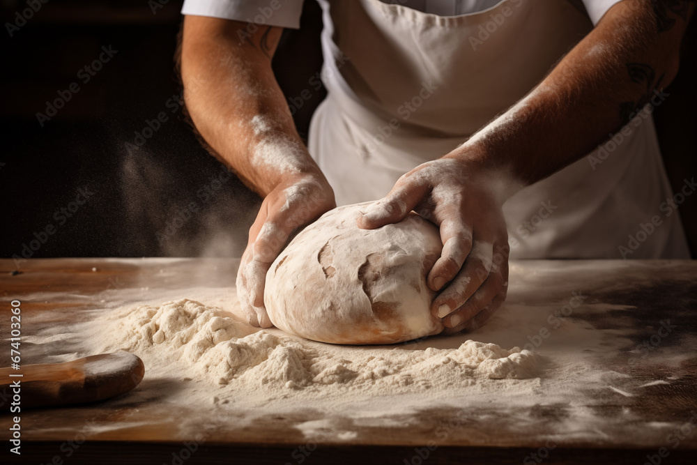 Close-up of baker hands kneading the dough with flour powder. Concept of baking and patisserie.