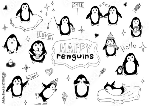 Vector cute and fun penguins doodle set characters