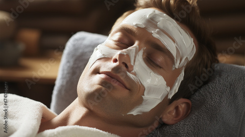Closeup portrait of a man with a facial mask in a spa salon .