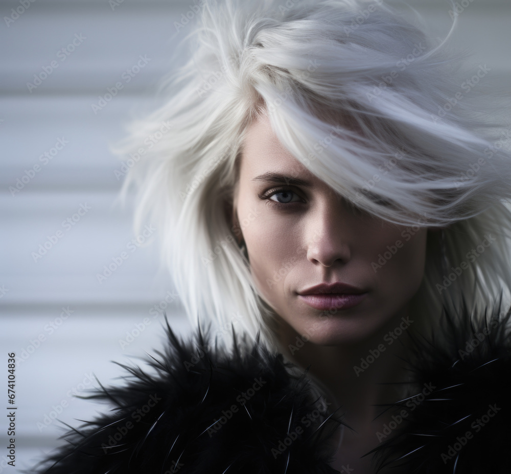 Fashion portrait of a young beautiful extreme blonde with a fashionable hairstyle wearing feather clothes. Fashion and beauty. Fashion portrait of a young beautiful extreme blonde with a fashionable hairstyle wearing feather clothes. Fashion and beauty.