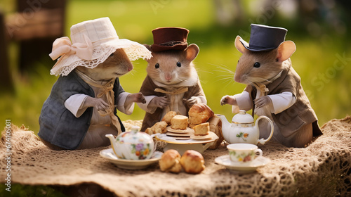 A group of mice in Victorian garb having a picnic, anthropomorphic animals, blurred background, with copy space photo