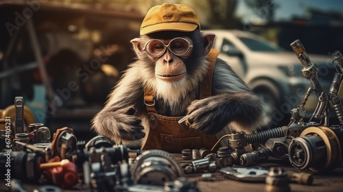 Fototapeta A monkey mechanic fixing a car with a wrench, anthropomorphic animals, blurred background, with copy space