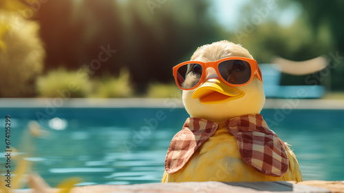 A duck lifeguard watching over a pond on a sunny day, anthropomorphic animals, blurred background, with copy space © Катерина Євтехова