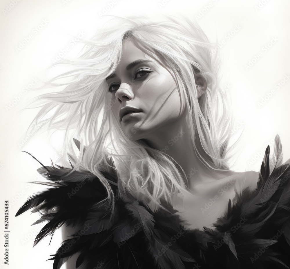 Fototapeta premium Fashion portrait of a young beautiful extreme blonde with a fashionable hairstyle wearing feather clothes. Fashion and beauty.