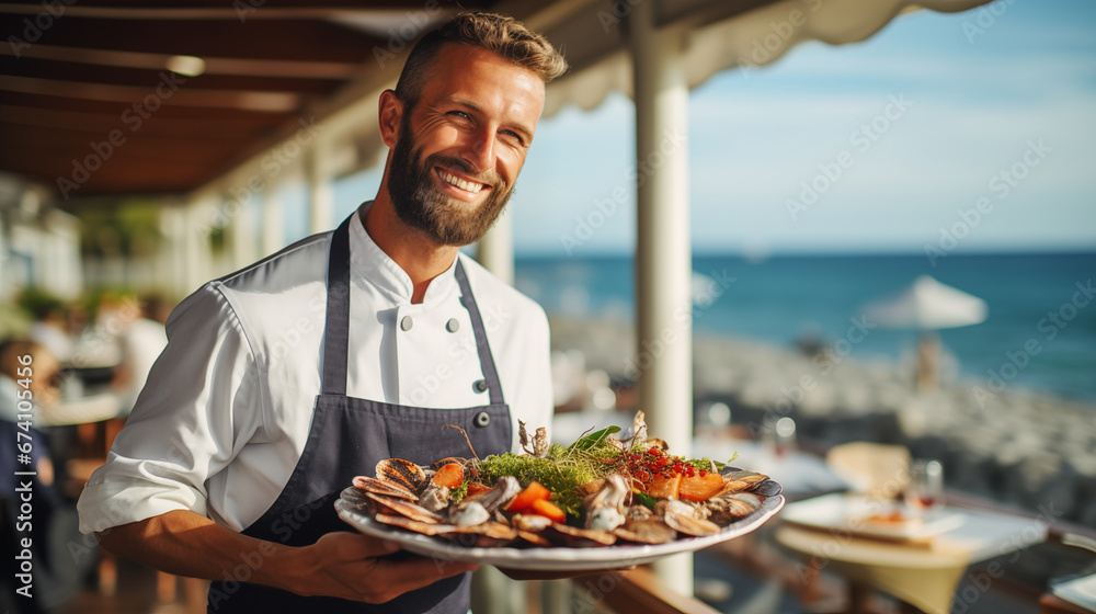 A waiter at a seaside restaurant serving fresh seafood with a view of the ocean, waiter in a restaurant, blurred background, with copy space - obrazy, fototapety, plakaty 
