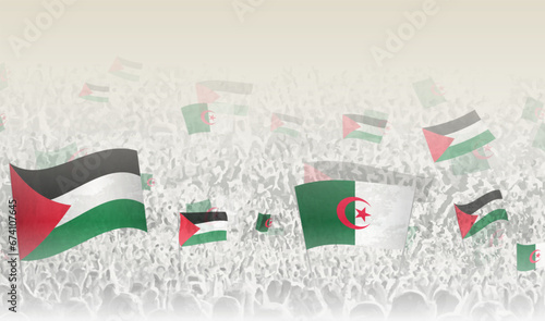 Palestine and Algeria flags in a crowd of cheering people.