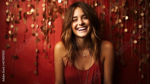 Stylish Smiling Woman Tinsel On Red , Bright Background, Background Hd © Alex Cuong