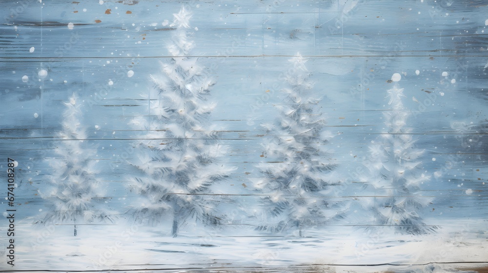 Snow-Covered Pine Trees on a wood blue background. winter idea