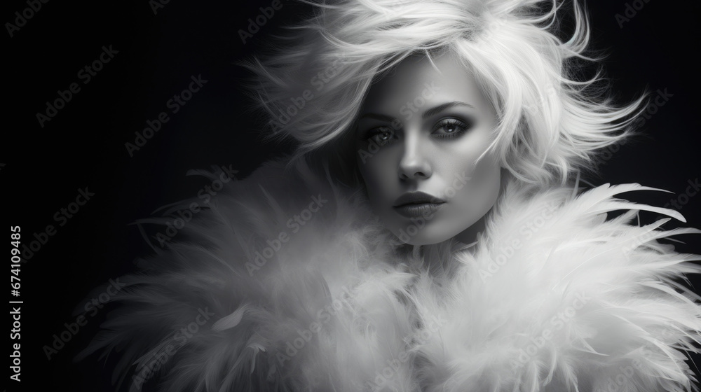 Fashion portrait of a young beautiful extreme blonde with a fashionable hairstyle wearing feather clothes. Fashion and beauty. Fashion portrait of a young beautiful extreme blonde with a fashionable hairstyle wearing feather clothes. Fashion and beauty.