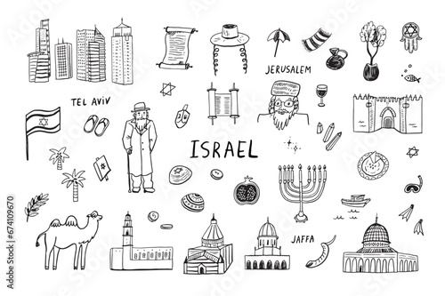 Travel Israel landmarks vector line illustartions set.