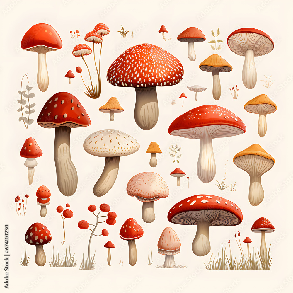 set of a variety of fungi mushrooms