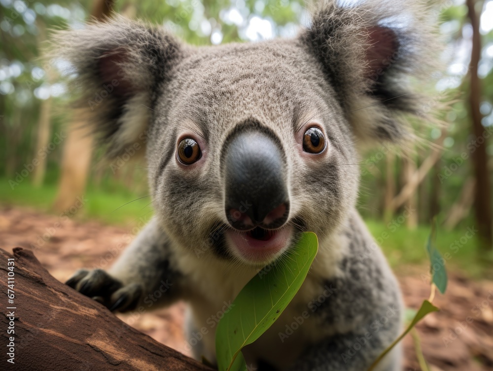 Close-up portrait of a koala. Detailed image of the muzzle. A wild animal is looking at something. Illustration with distorted fisheye effect. Design for cover, card, postcard, decor or print. Close-up portrait of a koala. Detailed image of the muzzle. A wild animal is looking at something. Illustration with distorted fisheye effect. Design for cover, card, postcard, decor or print.