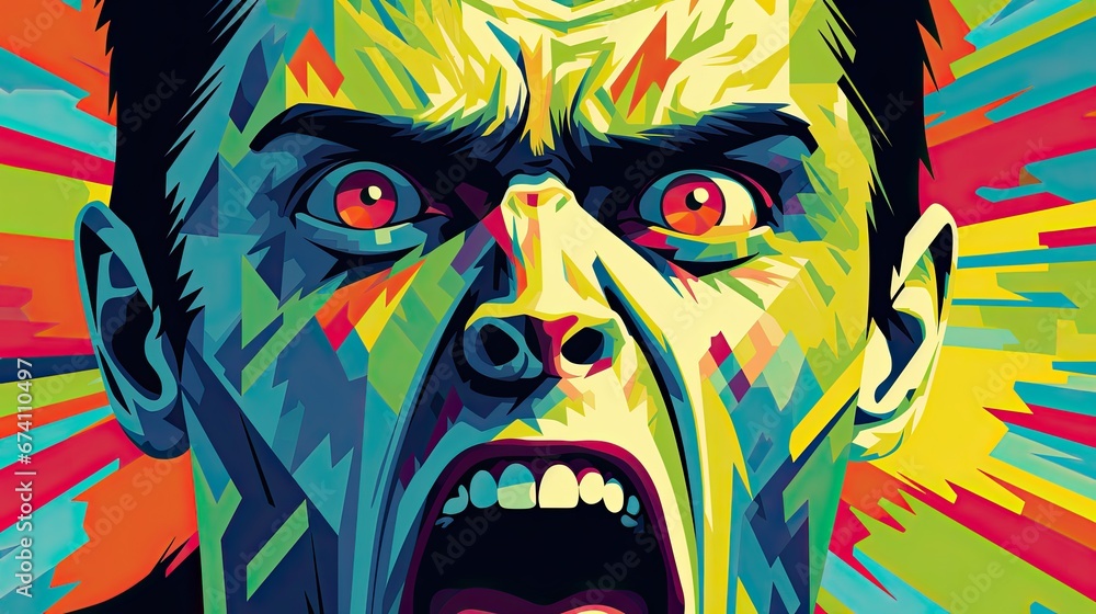 Frightened face. A ghastly grimace of horror. The man screams with fear and pain. The concept of horror. Colorful illustration. Frightened face. A ghastly grimace of horror. The man screams with fear and pain. The concept of horror. Colorful illustration.