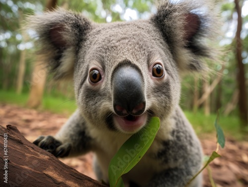 Close-up portrait of a koala. Detailed image of the muzzle. A wild animal is looking at something. Illustration with distorted fisheye effect. Design for cover  card  postcard  decor or print.