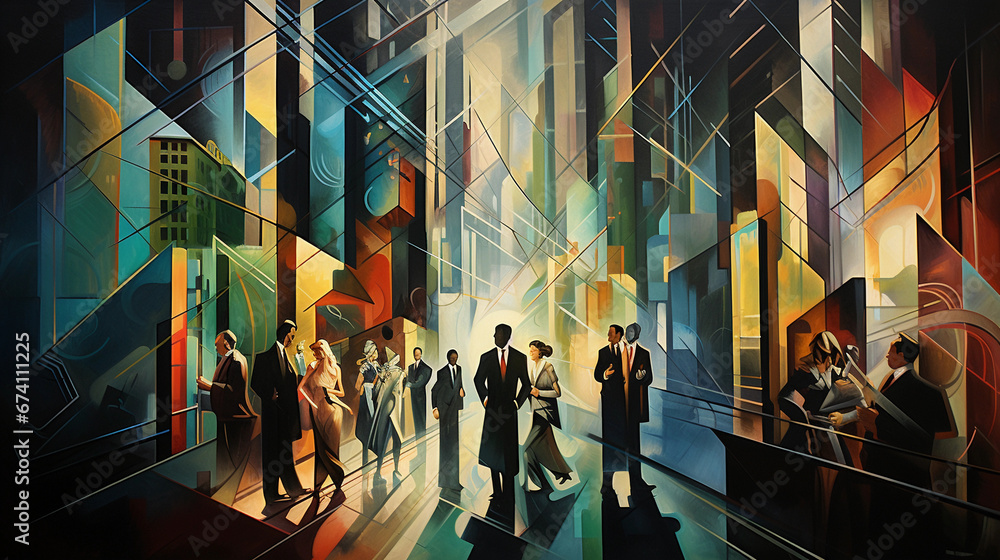 Cubist interpretation of a bustling Wall Street, suited men and women briskly walking, briefcases in hand, amidst towering skyscrapers, sharp angles, deep shadows, bright neon stock tickers - obrazy, fototapety, plakaty 