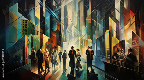 Cubist interpretation of a bustling Wall Street, suited men and women briskly walking, briefcases in hand, amidst towering skyscrapers, sharp angles, deep shadows, bright neon stock tickers