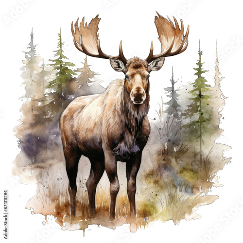 Moose in the forest  isolated. Transparent PNG. Watercolor illustration