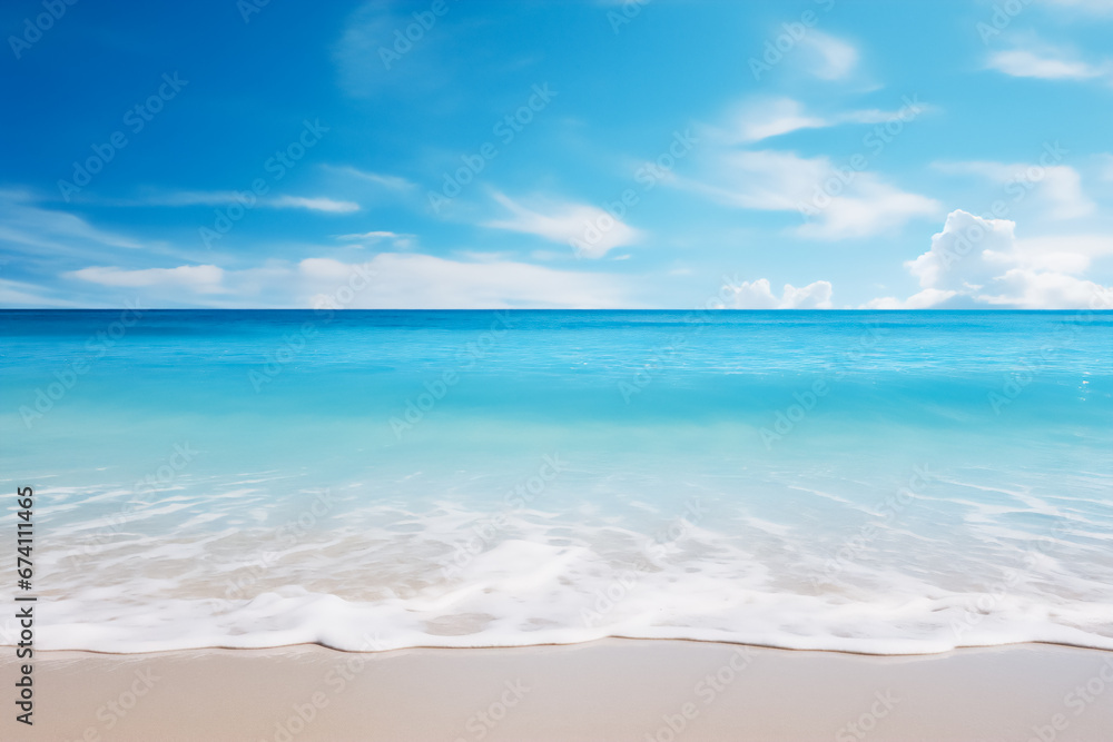 Picturesque sandy shore and gentle blue sea waves. This image can be used in the design of websites, brochures, postcards or other materials related to the theme of vacation and relaxation.