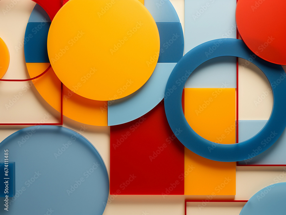 Abstract geometric representation of friendship, interlocking circles and squares, primary colors, minimalistic, sharp edges Abstract geometric representation of friendship, interlocking circles and squares, primary colors, minimalistic, sharp edges