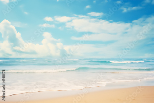 Picturesque sandy shore and gentle blue sea waves. This image can be used in the design of websites, brochures, postcards or other materials related to the theme of vacation and relaxation.