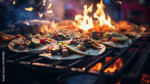 array of street tacos on a grill, emanating smoke and sizzle