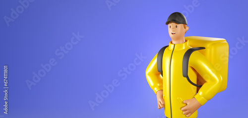 3D Food Delivery Man Vector Banner. Cartoon Male Character of Deliveryman in a yellow jacket on violet background