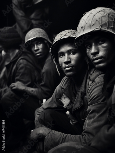 Black and white, WWII soldiers, moment of camaraderie, sharing a cigarette, worn and tired expressions, military gear in the background, grainy and high contrast
