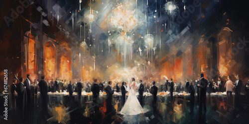 Impressionist panorama, a kaleidoscopic view of a corporate gala, chandeliers and champagne glasses, indistinct figures in elegant suits