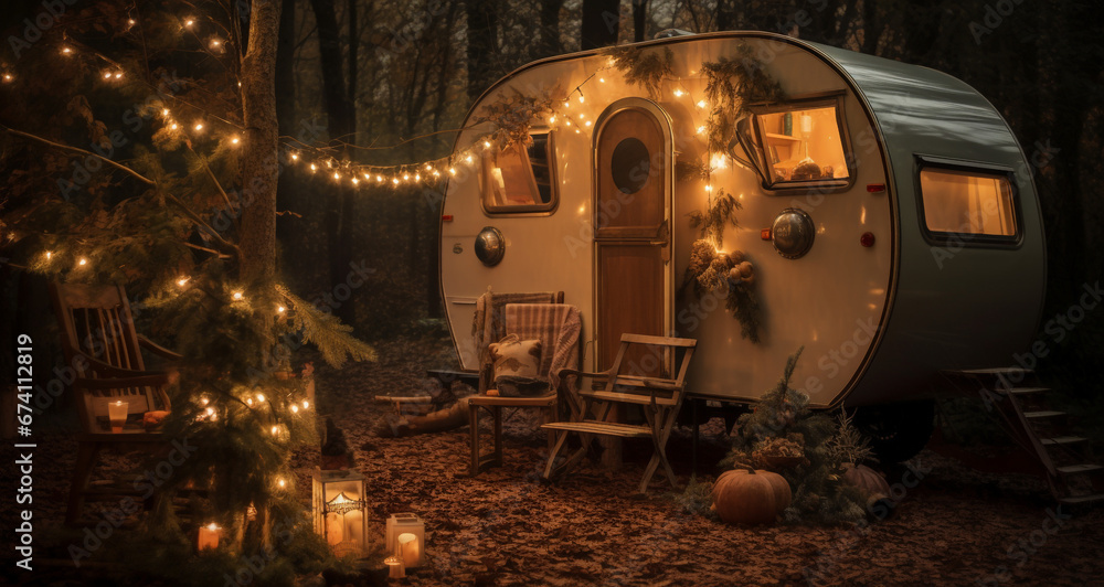 Living on the road Concept. Caravan Camping RV Area in the dreamy evening. Living on the road Concept. Caravan Camping RV Area in the dreamy evening.