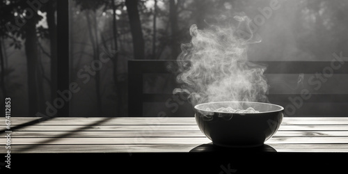 steaming bowl of ramen on a wooden table, clean composition, black and white