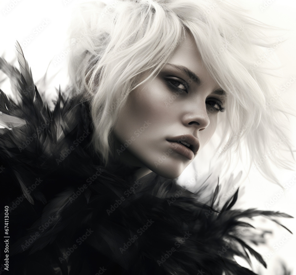 Fashion portrait of a young beautiful extreme blonde with a fashionable hairstyle wearing feather clothes. Fashion and beauty. Fashion portrait of a young beautiful extreme blonde with a fashionable hairstyle wearing feather clothes. Fashion and beauty.