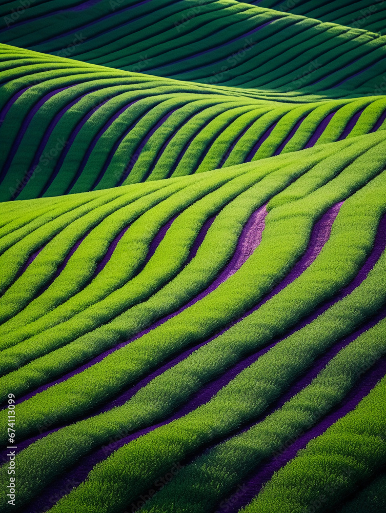 Fototapeta premium Rolling fields of lavender, enhanced through a stained glass window effect, vivid purples and greens