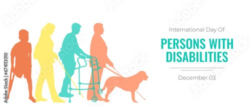 International Day of People with Disabilities.Horizontal banner with silhouettes of people with disabilities and space for text.Vector illustration. © SVIATLANA
