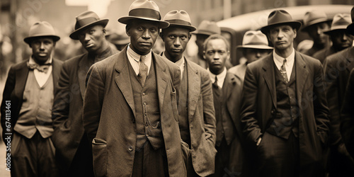 Street scene, Great Depression, 1930s, bread line, men in worn suits and hats, subtle grain, dusty atmosphere