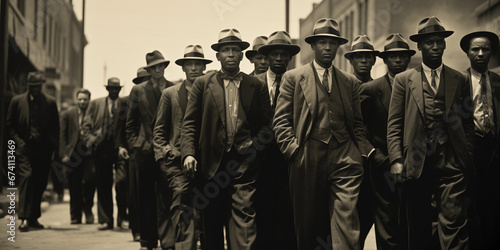 Street scene, Great Depression, 1930s, bread line, men in worn suits and hats, subtle grain, dusty atmosphere