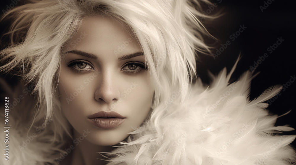 Fashion portrait of a young beautiful extreme blonde with a fashionable hairstyle wearing feather clothes. Fashion and beauty.