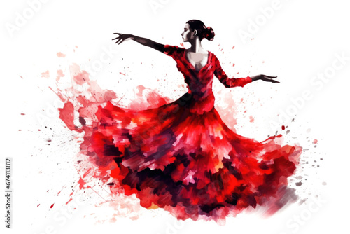 Woman Flamenco Dancer Black, Red and White Graphic. Ink Painting Isolated on White.
