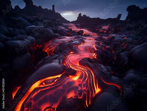 Volcanic landscape, surreal, dream-like, liquid lava meets solid rock