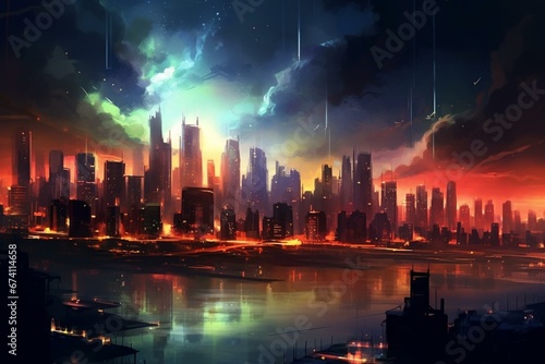 nighttime urban skyline with a futuristic ambiance. Generative AI