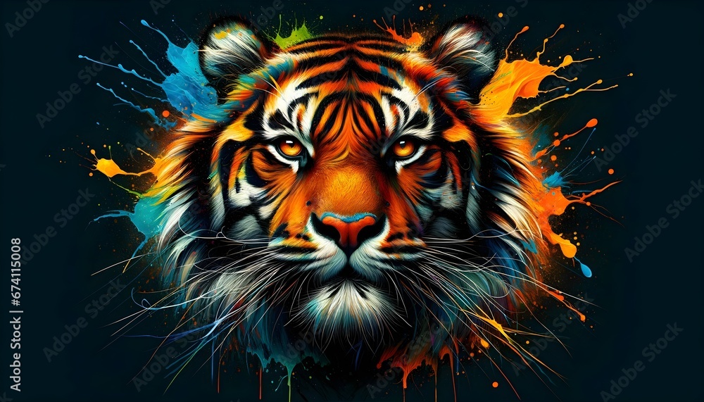 The image shows a captivating portrait of a tiger's face, intense and focused, with a dramatic splash of vivid blue, orange, and yellow paint across a dark background, giving it a wild, artistic vibe.