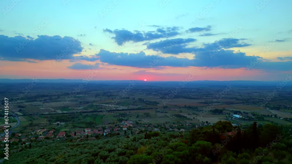 Fantastic aerial view flight drone Tuscany valley Cloudy sky sunset italy nature Fantastic aerial view flight drone Tuscany valley Cloudy sky sunset italy nature